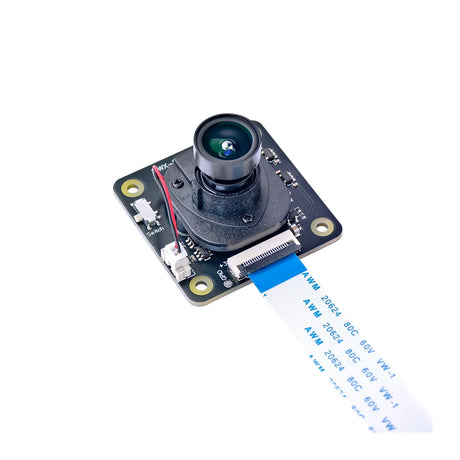 Angled view of IMX415 camera board with lens and ribbon cable